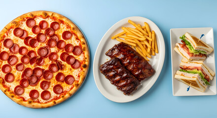 Pepperoni pizza BBQ ribs french fries and a club sandwich on a blue background