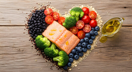 Heart-healthy foods like salmon broccoli blueberries and quinoa arranged in a heart shape