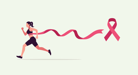 Woman running towards pink ribbon symbolizing breast cancer awareness and hope