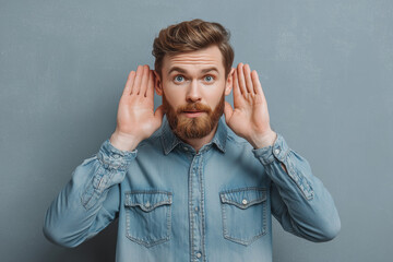 young man covering his ears with hands trying to listen