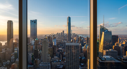 Wider angle with city skyline through the glass windows.