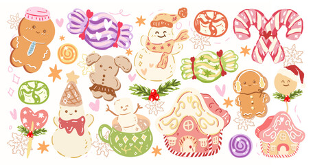 Obraz premium Hand drawn Christmas Candy ,cute Snowman , Cute Christmas Cookie, Mrs Santa Claus, Cookie, Gingerbread ,Coquette pudding, Coquette Pink Bow,Vintage Holiday, Whimsical Xmas Tree ,Girly Xmas