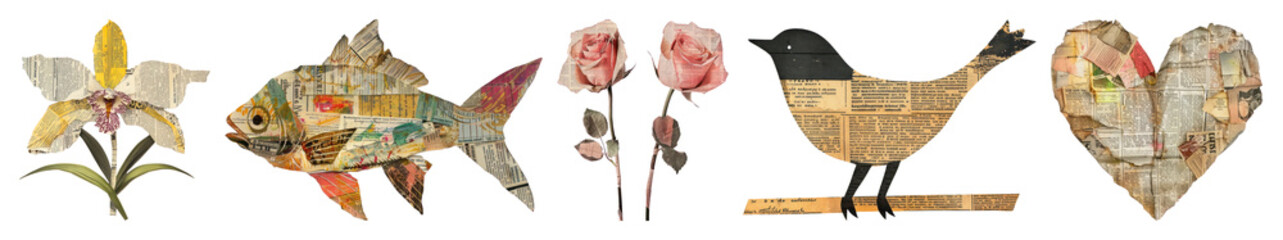 PNG Vintage collage art elements, element set on transparent background