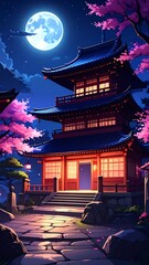 Night temple, cherry blossoms, serene