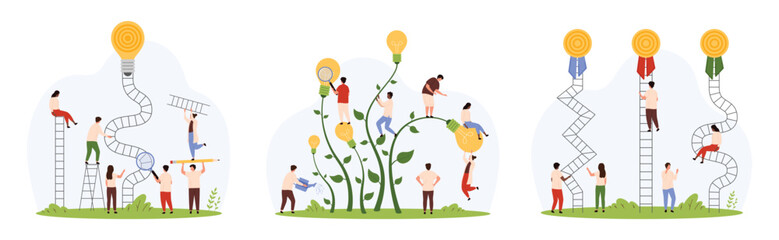 Difficult and easy solution, solving tasks strategy set. Tiny people climb career ladder easy and hard way, characters study growing light bulbs with magnifying glass cartoon vector illustration © Iconic Prototype