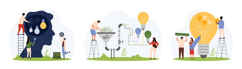Creative ideas, insight and solution search, brainstorming process set. Tiny people work with filter to untangle complicated problem, connect puzzle piece inside light bulb cartoon vector illustration