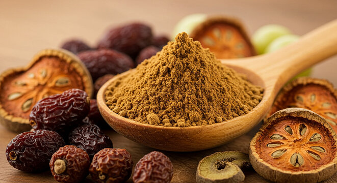Triphala Powder in Wooden Spoon with Dried Fruits Around