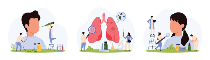 Respiratory system infection in children, diagnosis and treatment set. Tiny people diagnose flu and cold virus in girl and boy, pneumonia inflammation in patients lungs cartoon vector illustration