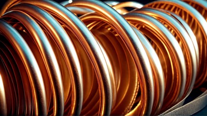 Shiny metallic coils with warm golden and cool blue lighting create a modern industrial texture, perfect for engineering and technology themes.