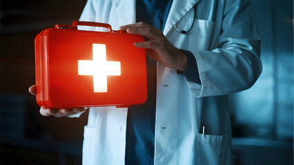 Doctor holding a glowing red first aid kit with a white cross