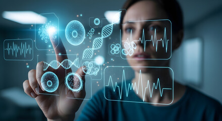 Scientist intuitively interacts with advanced holographic display showing DNA, cellular structures, and vital signs for groundbreaking research.