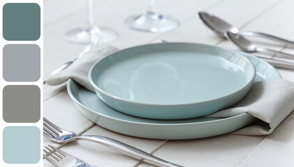Beautiful table setting on white background. Closeup