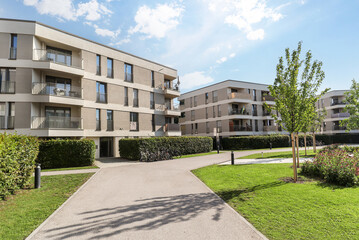 Residential area with ecological and sustainable green residential buildings, low-energy houses with modern apartments, new green urban landscape in the city