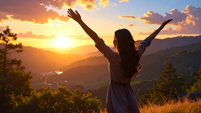 Person basking in the sunset on a mountain top, arms wide, in an open-sky vista