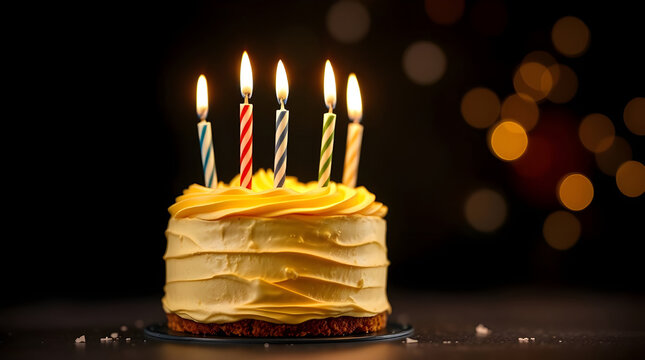 A delicious birthday cake or cupcake with a flame on a candle for a sweet celebration or party