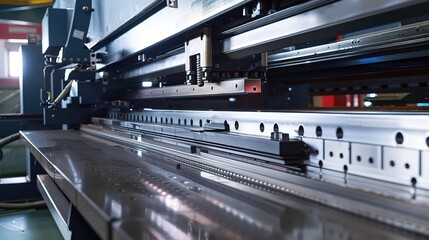 CNC bending machine with a robust metallic gray frame, hydraulic ram, and CNC control panel, operating in a metalworking workshop to bend steel, aluminum, or iron sheets into precise shapes, equipped 