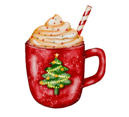 Christmas red cup of coffee, watercolor illustration