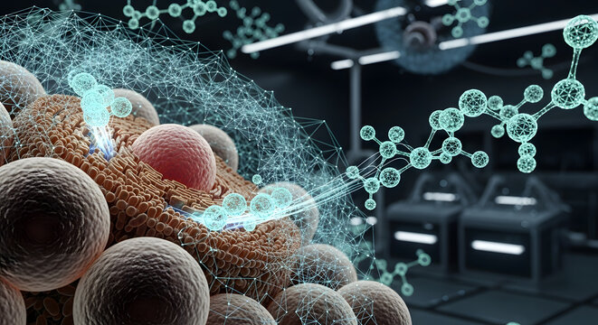 Stunning microscopic view revealing cellular structures and molecular connections, perfect for scientific research and medical innovation.