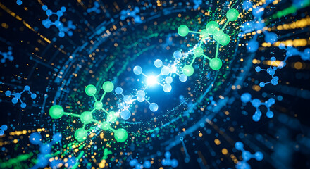 Dynamic molecular structures illuminate a futuristic digital network, representing scientific innovation and technological advancement in a vibrant, glowing abstract.