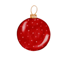Christmas red ball toy on the tree, watercolor illustration