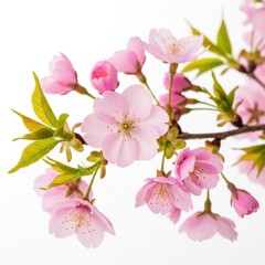 Obraz premium Delicate pink cherry blossom branch with green leaves against a clean white backdrop