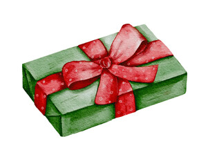 Christmas gift watercolor green box red bow