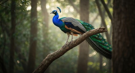 Majestic peacock perched on a branch in a misty forest.  A vibrant blue and green peacock with 