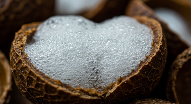 Macro Shot of Saponins Forming Foam on Soapnut Shells