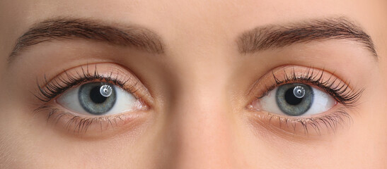 Beautiful young woman after eyelashes lamination on white background, closeup