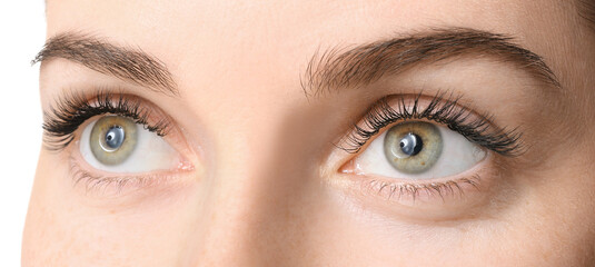 Obraz premium Beautiful young woman with eyelash extensions on white background, closeup