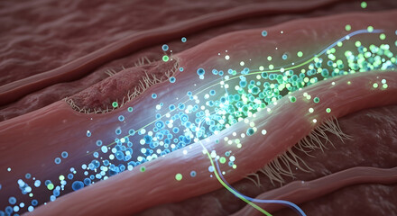 Dynamic microscopic view of cellular energy transfer and nutrient circulation within biological tissue, showcasing vibrant particles and pathways