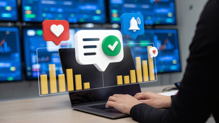 Digital marketing analytics and social media engagement metrics visualized over a laptop screen with stock market data displays in the background