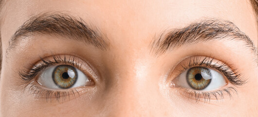 Obraz premium Young woman with beautiful hazel eyes on white background, closeup