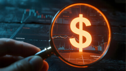 Magnifying glass focusing on a glowing dollar sign symbol representing financial analysis