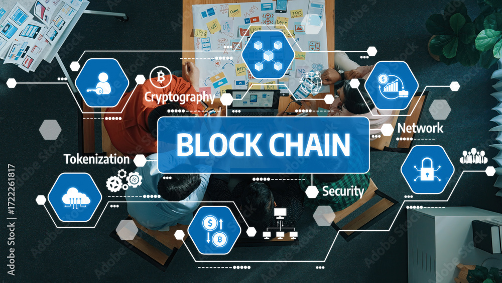 Poster a top-down view of a diverse team brainstorming blockchain concepts surrounded by digital icons repr
