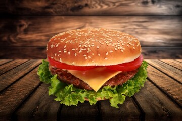 Tasty big fresh burger on wooden background.