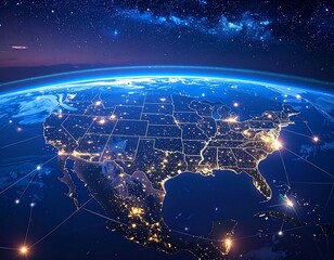 Night view of the USA from space.  A network of lights connects major cities