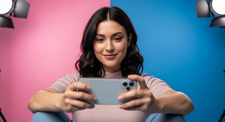 Fototapeta premium Young Woman Taking Selfies With Smartphone in Studio 