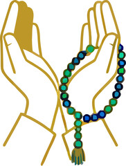 Hands raised in prayer with a colorful prayer beads set