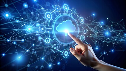 Closeup of a finger touching a glowing blue cloud icon within a network of interconnected nodes and lines, representing cloud computing, data transfer, and digital connection