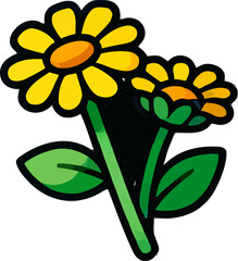 Bright yellow flowers with green leaves in a simple design