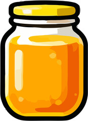 Bright glass jar filled with golden honey on a simple background