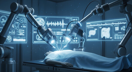 Advanced robotic surgery system performing intricate procedure on patient with holographic medical data displayed