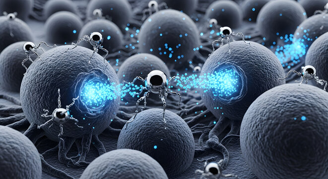 Futuristic nanobots actively engage with cellular structures, delivering targeted energy bursts for advanced medical research and scientific discovery