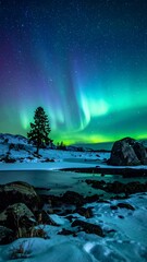 Nighttime aurora borealis over a frozen landscape