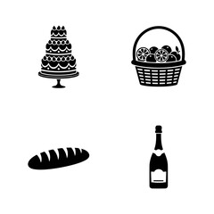 Vector art of a charming selection of gourmet treats, featuring a cake, a bread loaf, a fruit basket, and a bottle of champagne
