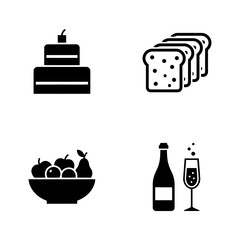 Vector art of a delightful assortment of culinary delights, featuring a cake, bread slices, a bowl of fruit, and a bottle of champagne