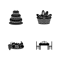 Vector art of festive dining icons cake, bread basket, fruit platter, and table setting symbolize a celebratory meal