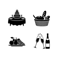 Illustration of cake, basket, fruit, and champagne for a festive celebration or special occasion
