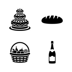 Illustration of a cake, bread, basket with food, and a bottle of champagne for celebration or party